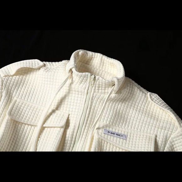 Jacket streetwear pockets cream white waffle fabric hip hop - Picture 10 of 11